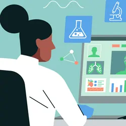 Vector illustration of a female scientist working on the computer in the laboratory with a microscope and beaker icon, equipment, and test tubes on desk.