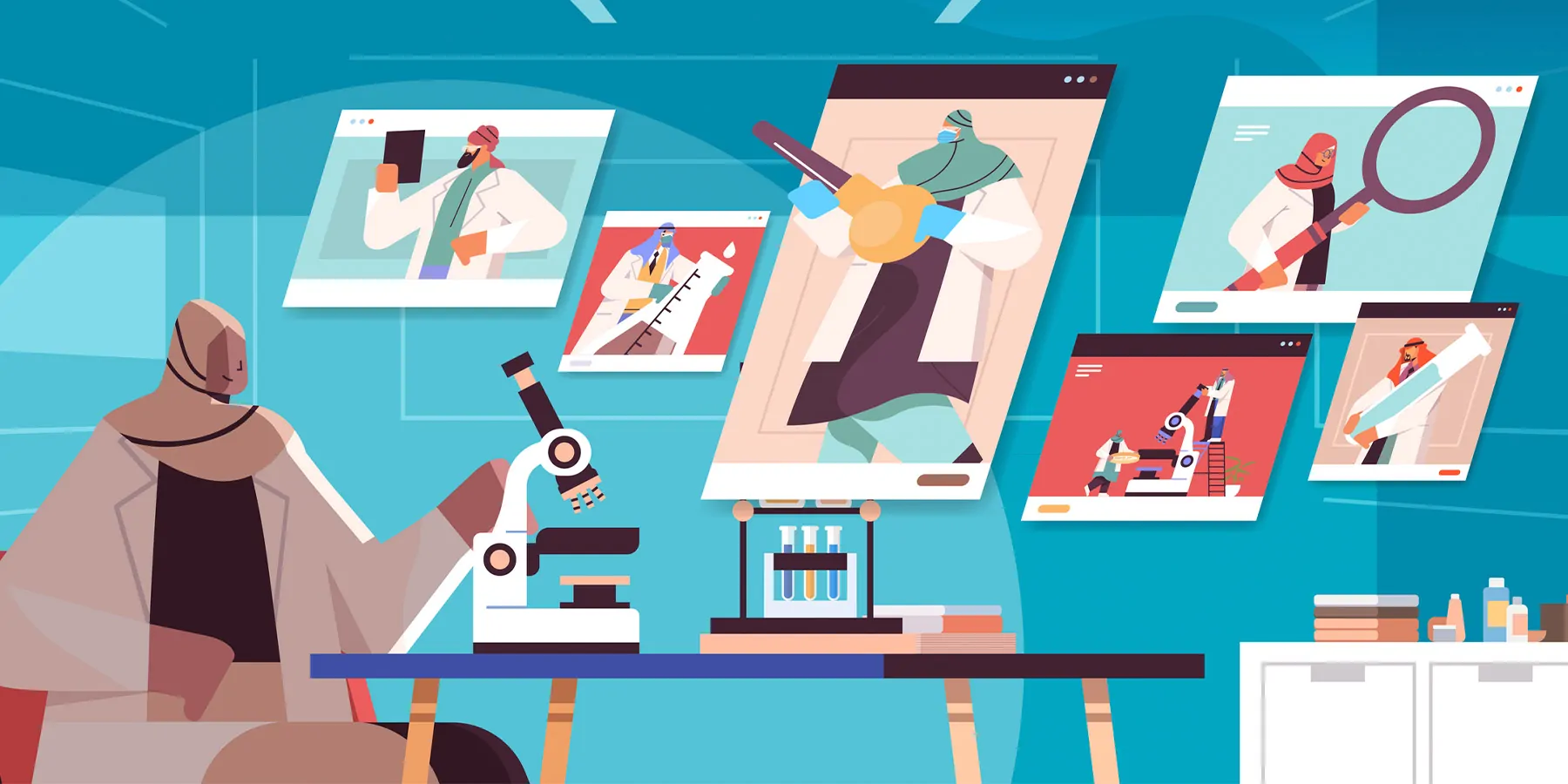Vector illustration of a  female researcher with a headscarf adjusting a microscope in a laboratory and discussing with other scientists on a video call.