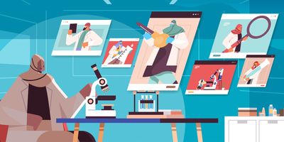 Vector illustration of a  female researcher with a headscarf adjusting a microscope in a laboratory and discussing with other scientists on a video call.