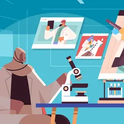 Vector illustration of a  female researcher with a headscarf adjusting a microscope in a laboratory and discussing with other scientists on a video call.
