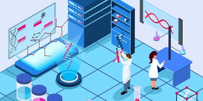 Vector illustration of a genomics research lab where two scientists are working on a DNA double helix projection.