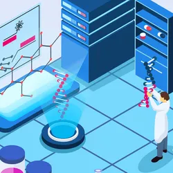 Vector illustration of a genomics research lab where two scientists are working on a DNA double helix projection.