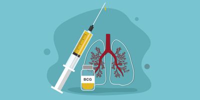 A vector illustration of a BCG vaccine vial, a syringe, and human lungs against a teal background.