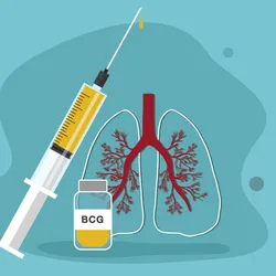 A vector illustration of a BCG vaccine vial, a syringe, and human lungs against a teal background.