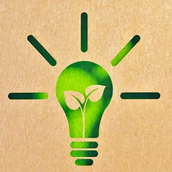 Illustration of a green lightbulb with a plant stem growing inside of it against a brown background.