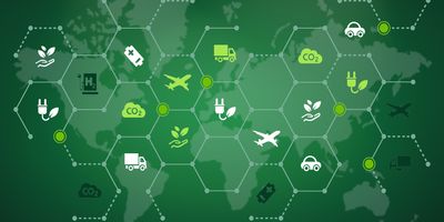 A vector illustration with components of a green, sustainable supply chain and biofuel initiatives.