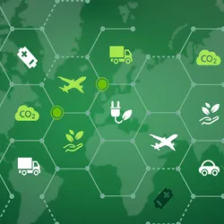 A vector illustration with components of a green, sustainable supply chain and biofuel initiatives.