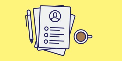  Illustration of a pile of resumes next to a cup of coffee against a yellow background.