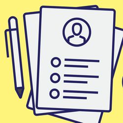  Illustration of a pile of resumes next to a cup of coffee against a yellow background.