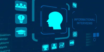 Illustration of a person’s side profile image and the words, informational interview, floating on a dark blue background.
