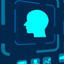 Illustration of a person’s side profile image and the words, informational interview, floating on a dark blue background.