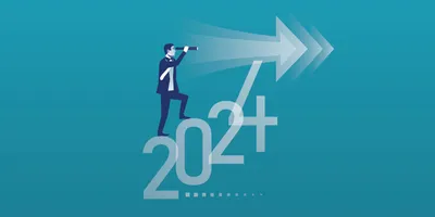 A businessman with a telescope looks at the next year 2024.
