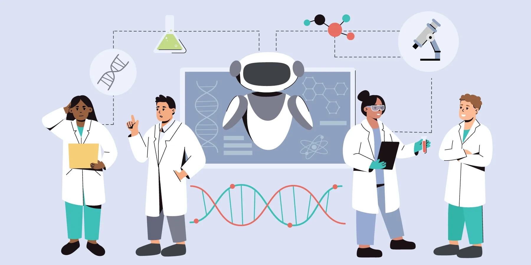 A flat vector illustration of a team of scientists using AI in medicine, clinical research, diagnostics.  