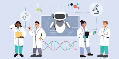 A flat vector illustration of a team of scientists using AI in medicine, clinical research, diagnostics.  