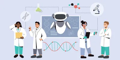 A flat vector illustration of a team of scientists using AI in medicine, clinical research, diagnostics.  