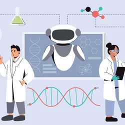 A flat vector illustration of a team of scientists using AI in medicine, clinical research, diagnostics.  