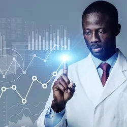 A researcher points to virtual projections of statistical data as graphs, plots, pie charts, and histograms.