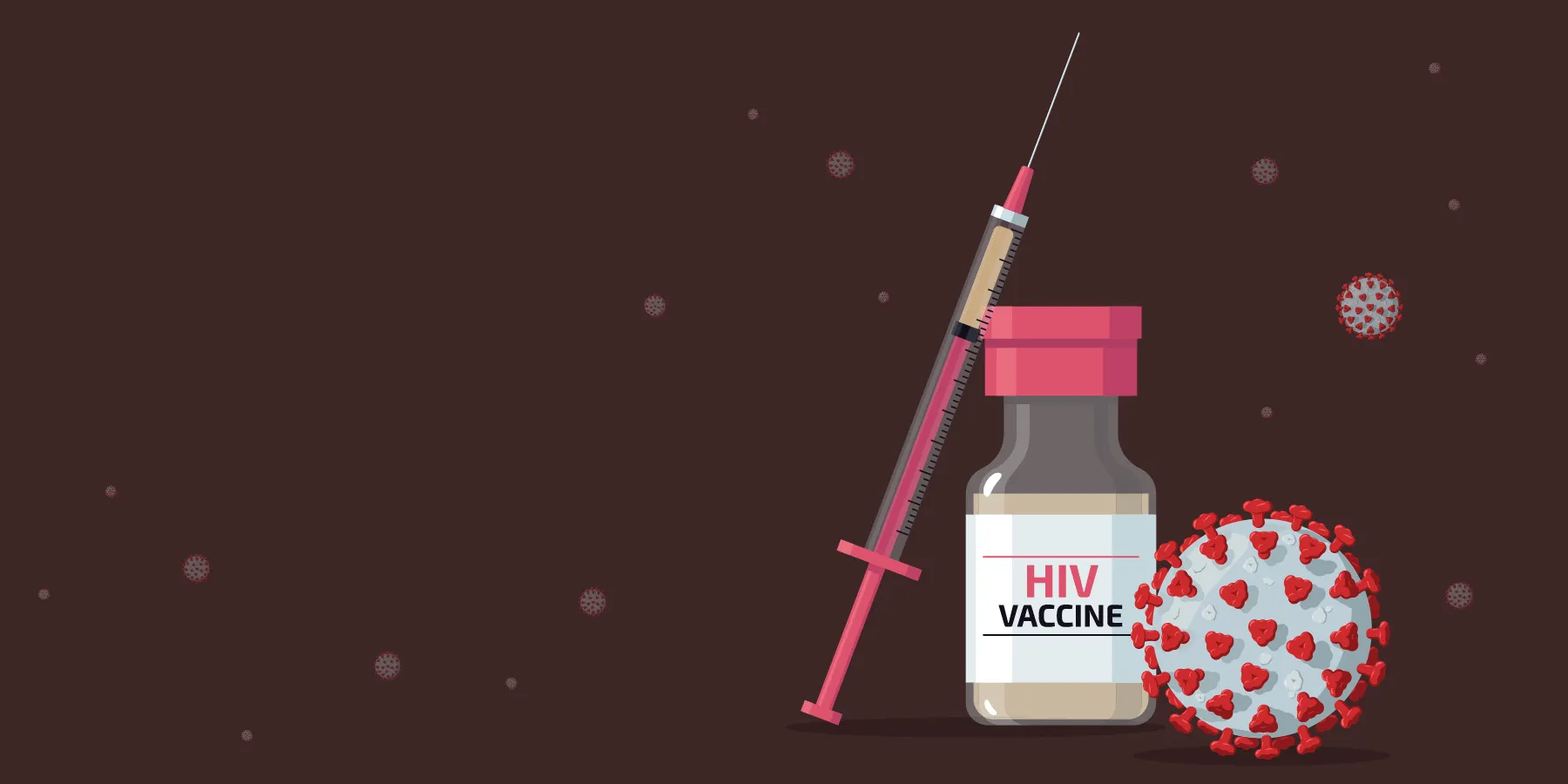 A flat vector illustration of a syringe and bottle containing a vaccine for HIV with viruses floating in the background.