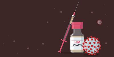 A flat vector illustration of a syringe and bottle containing a vaccine for HIV with viruses floating in the background.
