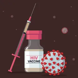 A flat vector illustration of a syringe and bottle containing a vaccine for HIV with viruses floating in the background.