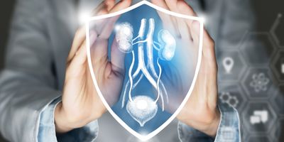 A clinician cups a virtual image of the kidneys and the human urinary system, symbolic of protecting them.