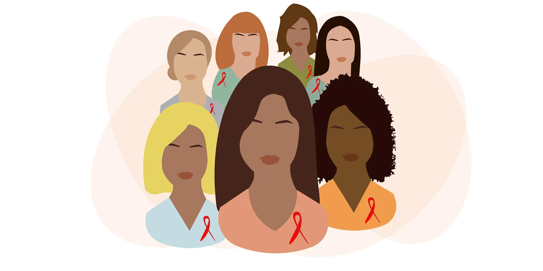 Vector illustration of women with red ribbons on their chests in solidarity with people having HIV.