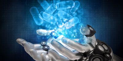 3D illustration of blue pill capsules hologram over robotic hands.
