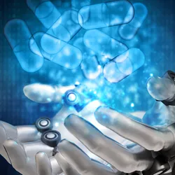 3D illustration of blue pill capsules hologram over robotic hands.