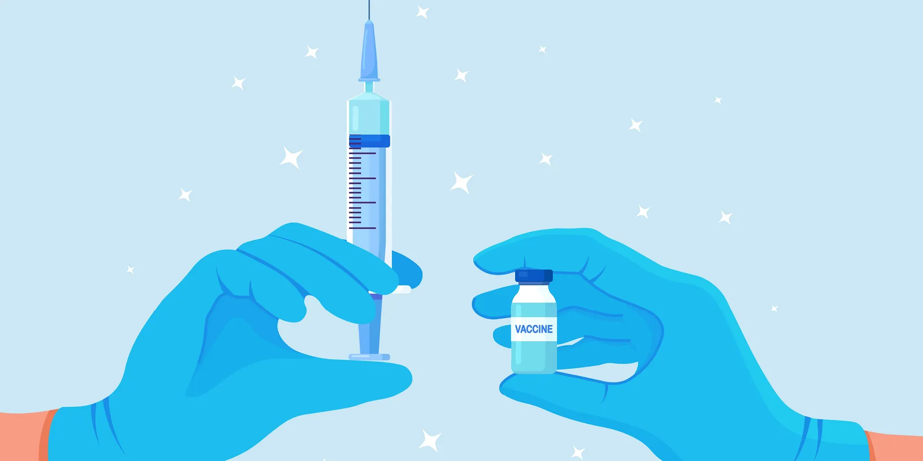 A vector illustration of a pair of gloved hands holding a vaccine vial bottle and syringe.