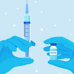 A vector illustration of a pair of gloved hands holding a vaccine vial bottle and syringe.