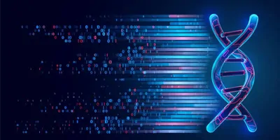 Photo of artificial intelligence data and DNA helix.