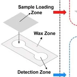 Diagram illustrating the mechanism of a paper-based analytical device for miRNA-21 detection.
