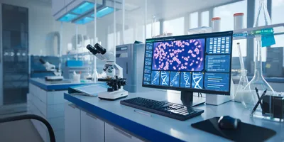 Computer screen displaying digital pathology images and data in a lab
