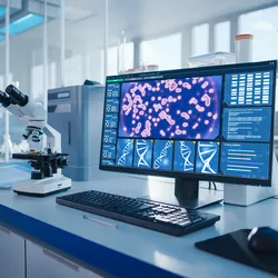 Computer screen displaying digital pathology images and data in a lab