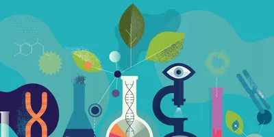Illustration of DNA, test tubes, and plants representing cancer research