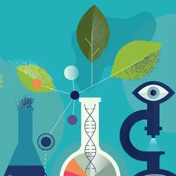 Illustration of DNA, test tubes, and plants representing cancer research