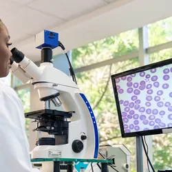 Lab worker examines a tissue sample under a microscope, with a magnified pathology slide image displayed on a screen in the background.