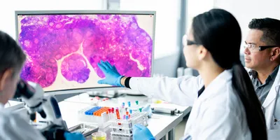 Clinical lab experts discussing IHC workflow optimization in a pathology lab.