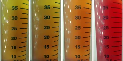 Four graduated cylinders showing color changes indicating bacterial growth