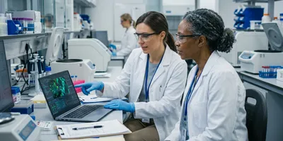 Two lab scientists reviewing autoimmune laboratory data management results on a laptop displaying IFA fluorescence imaging at a clinical workstation.