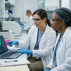 Two lab scientists reviewing autoimmune laboratory data management results on a laptop displaying IFA fluorescence imaging at a clinical workstation.