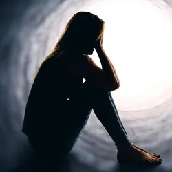 A silhouette of a woman sitting alone and holding her head in a dark tunnel with light at the other end.