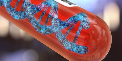 A red capsule contains a 3D representation of a DNA molecule.