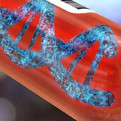 A red capsule contains a 3D representation of a DNA molecule.