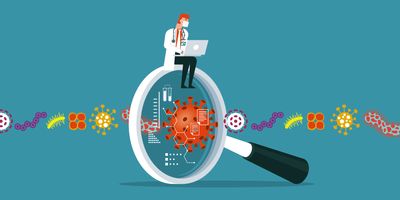 A vector illustration of a  clinician sitting on a magnifying glass that examines pathogens like viruses, passing through it.