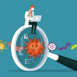 A vector illustration of a  clinician sitting on a magnifying glass that examines pathogens like viruses, passing through it.