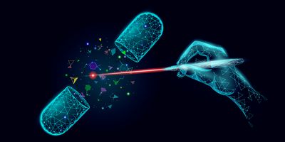 Vector illustration of a hand operating laser on the contents of an open, virtual drug capsule.