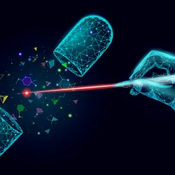 Vector illustration of a hand operating laser on the contents of an open, virtual drug capsule.