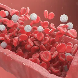 3D illustration of blood components (RBCs and WBCs) flowing through a blood vessel.