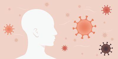 Illustration of a human side profile with virus particles floating around their head.